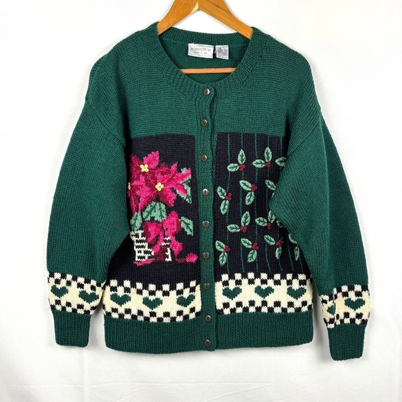 Vtg NORDSTROM Point Of View 100% Wool Embroidery Cardigan Sweater Sz S Holidays - Picture 1 of 12